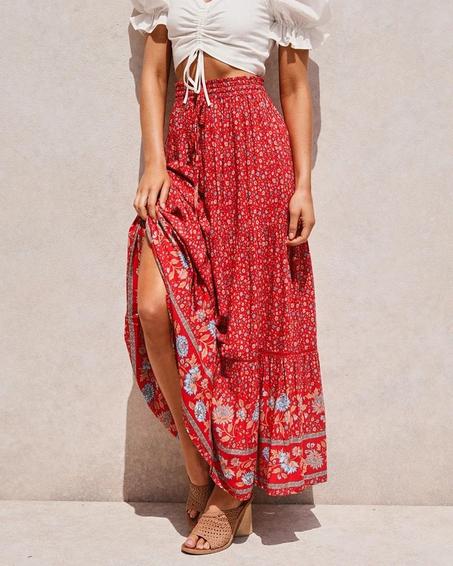 Beige Boho Floral Maxi Skirt for Women – High Elastic Waist & Lace-Up Detail | Summer Beach Skirt – Madozo