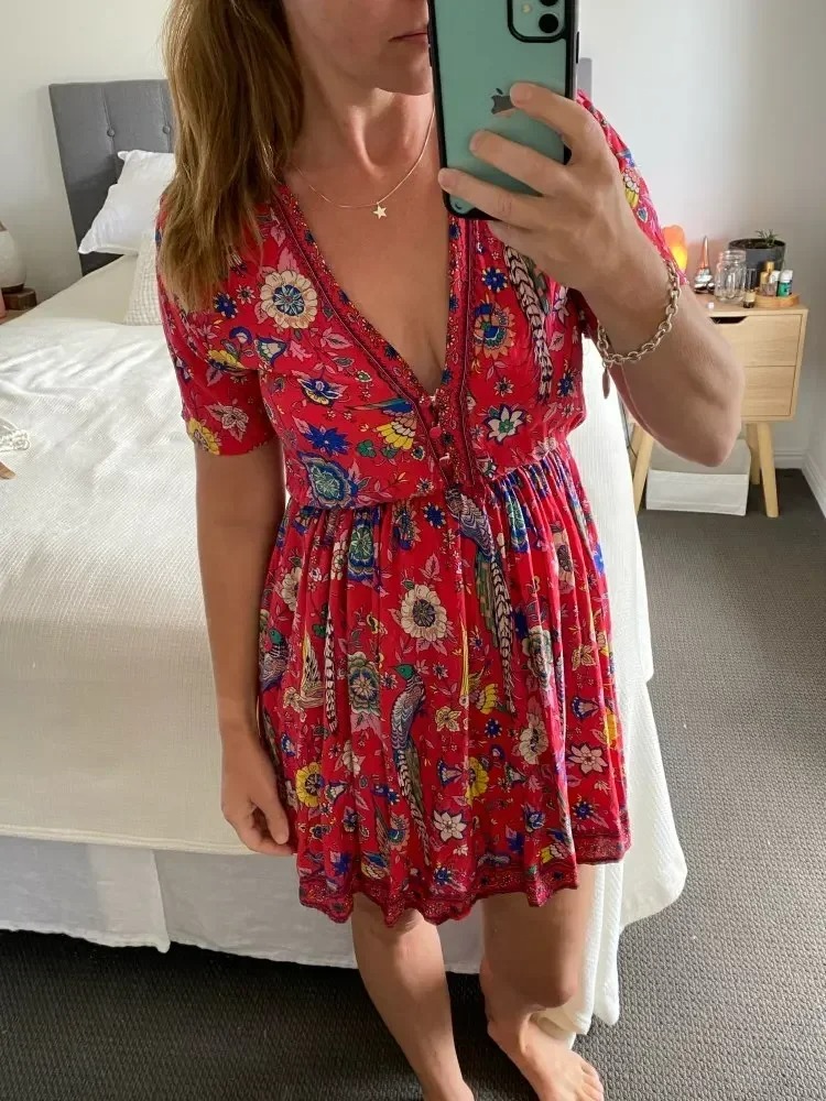 Bohemian Red Peacock Floral Mini Dress – V-Neck Tassel Summer Dress