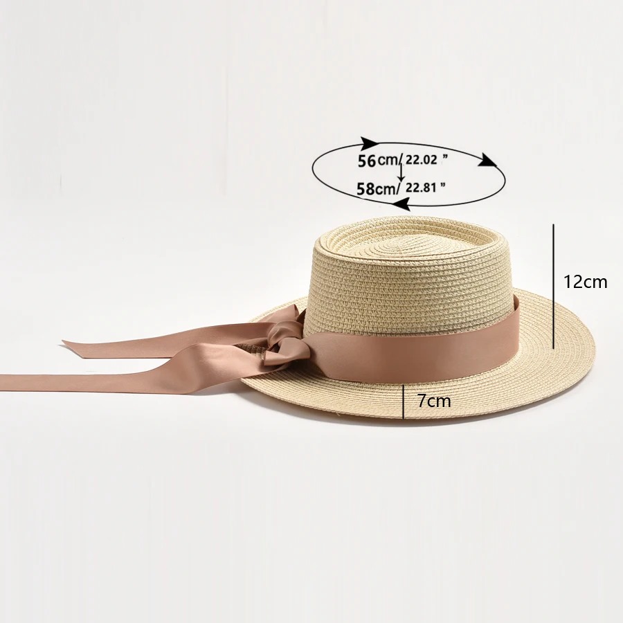 Elegant Straw Sun Hat for Women – Flat Top Design with Bow | Summer Travel Beach Hat – Madozo
