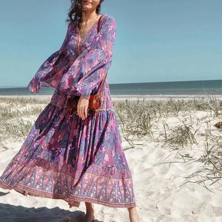 Madozo Women's Purple Floral Bohemian Maxi Dress - V-Neck Batwing Sleeve Beach Summer Pleated Dress (S-L)