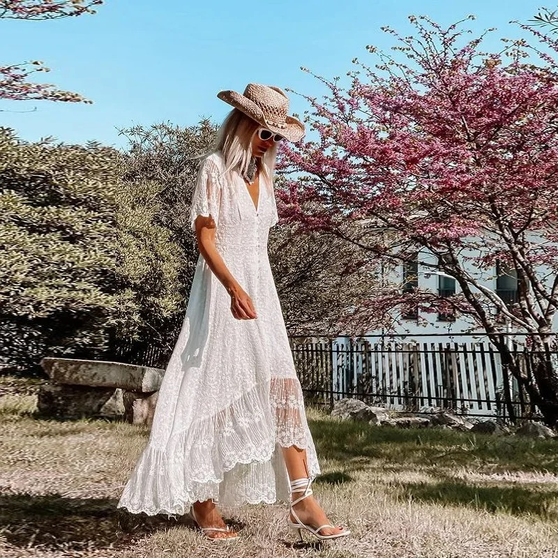 Bohemian Floral Lace Maxi Dress – Slim Fit Summer V-Neck Beach Sundress