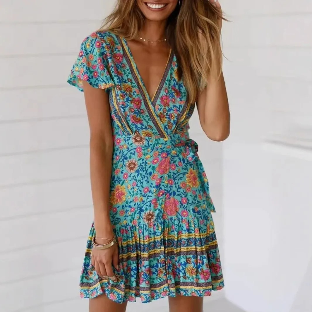 Green Wild Floral Boho Wrap Mini Dress – Deep V-Neck Short Sleeve Rayon Sundress