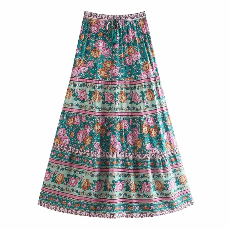 Bohemian Floral Print Long Skirt – Ruffle Hem & Tassel Waist | Hippie Summer Swing Skirt for Women – Madozo