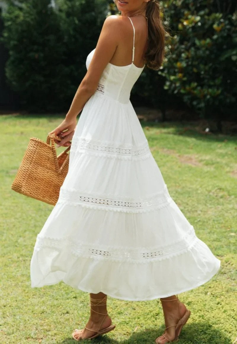 Madozo Women’s White Lace Strapless Boho Maxi Dress – Beach Sleeveless V-Neck Summer Dress