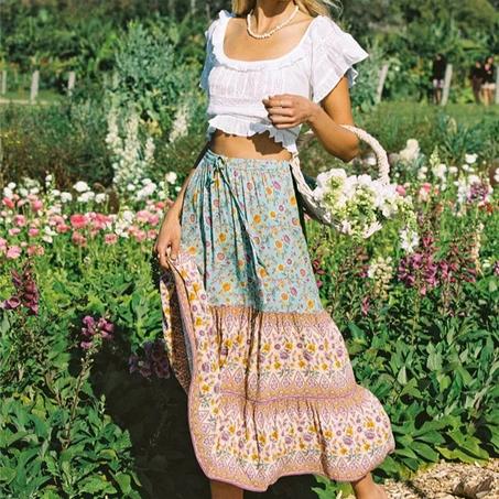Madozo Women's Green Floral Bohemian Maxi Skirt - High Elastic Waist Beach Boho A-Line Skirt (S-L)