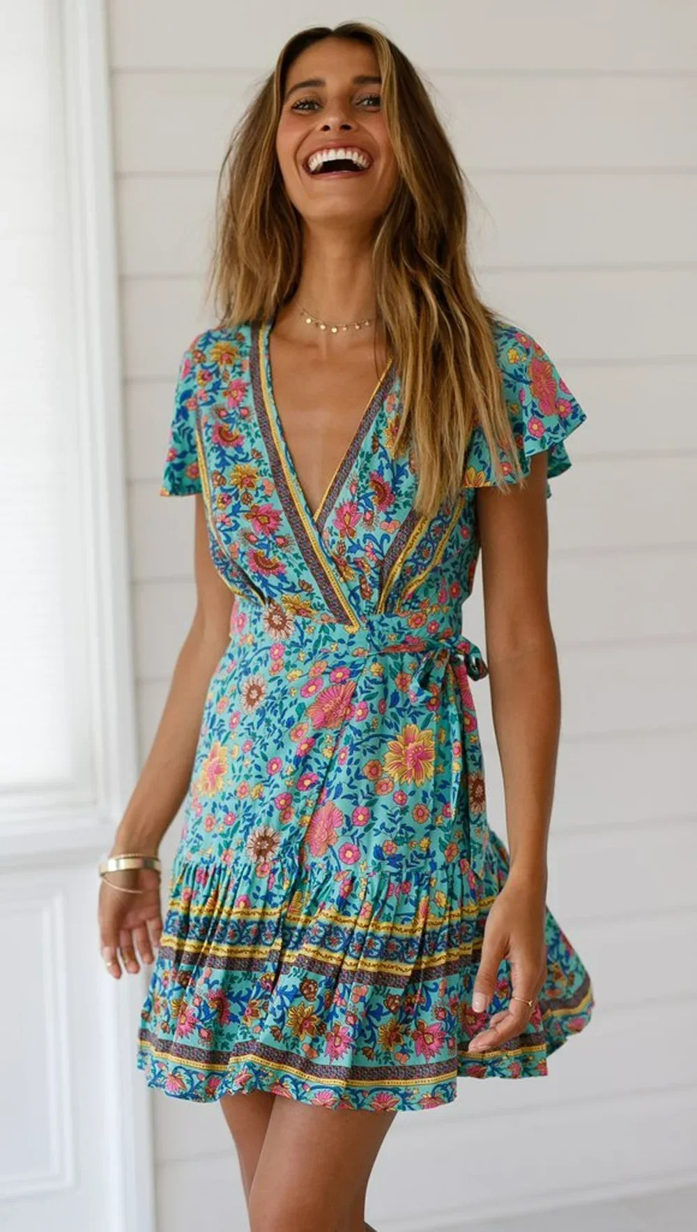 Green Wild Floral Boho Wrap Mini Dress – Deep V-Neck Short Sleeve Rayon Sundress