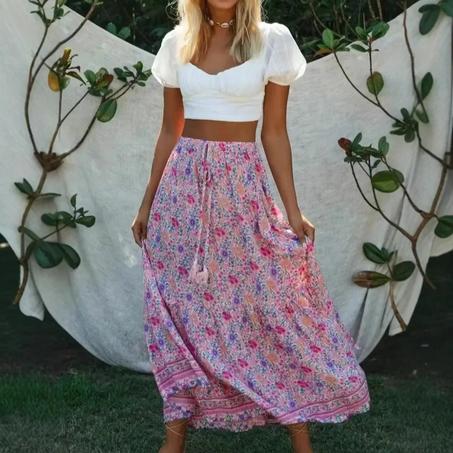 Madozo Women’s Pink Floral Boho Maxi Skirt – High Waist A-Line Beach Skirt