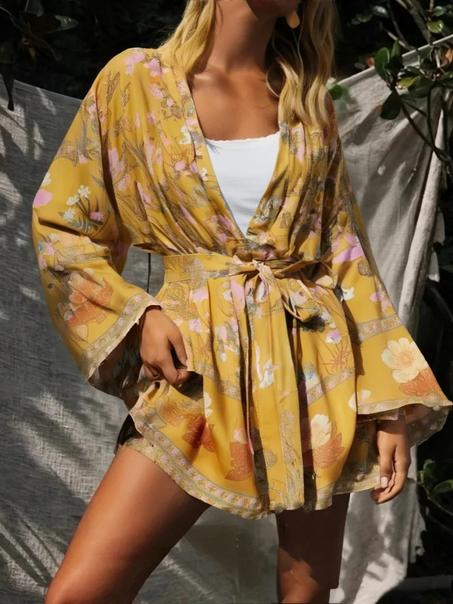 Boho Floral Kimono Cover-Up Dress – V-Neck Bat Sleeve Beach Robe