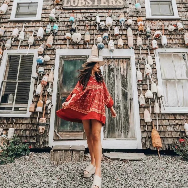 Women’s Bohemian Floral Mini Dress – Summer Beach Loose Fit O-Neck Dress with Sash | Batwing Sleeve Boho Vacation Dress