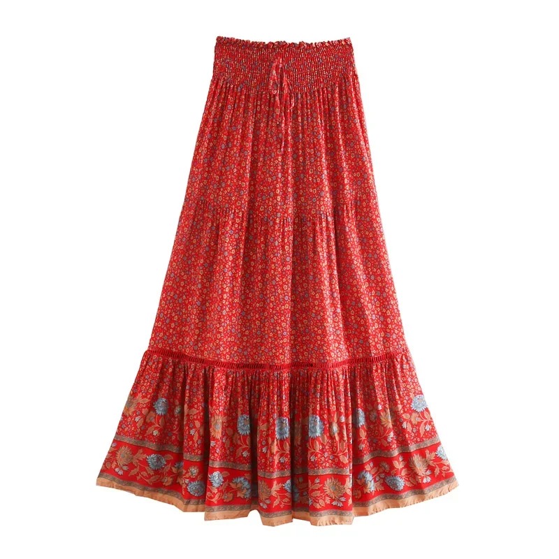 Beige Boho Floral Maxi Skirt for Women – High Elastic Waist & Lace-Up Detail | Summer Beach Skirt – Madozo