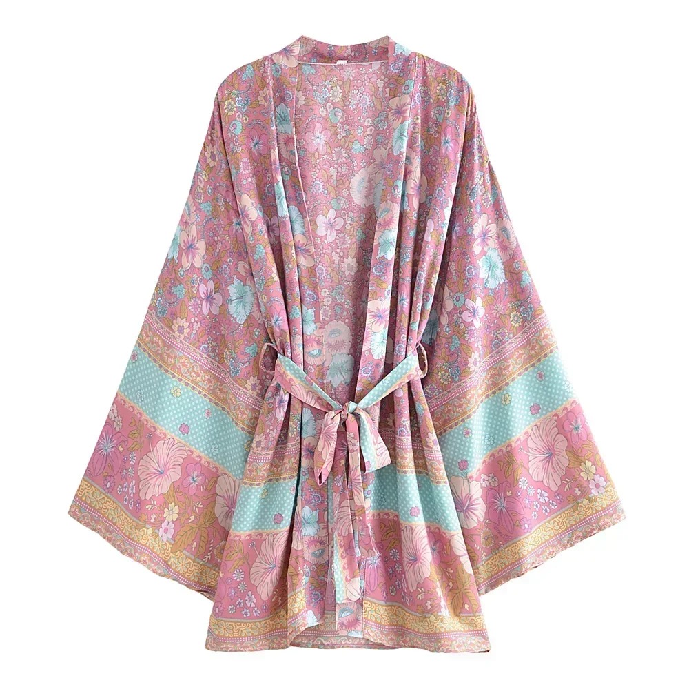Boho Floral Kimono Cover-Up Dress – V-Neck Bat Sleeve Beach Robe
