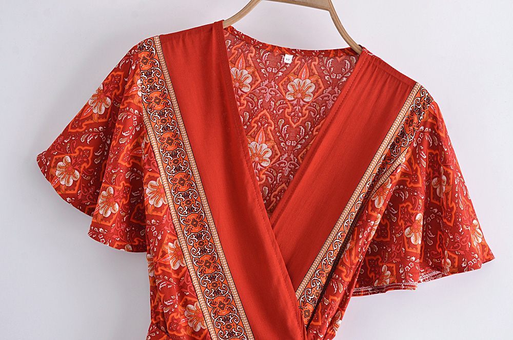 Boho Hippie Floral Wrap Mini Dress – V-Neck Sashes Summer Short Sleeve Dress