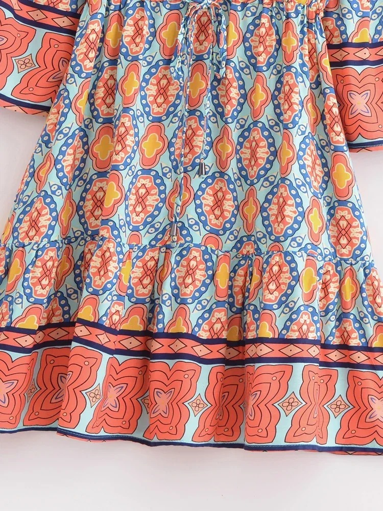 Bohemian Geometry Print Mini Dress – Flare Sleeve Summer Beach Boho Dress for Women