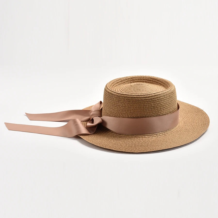 Elegant Straw Sun Hat for Women – Flat Top Design with Bow | Summer Travel Beach Hat – Madozo