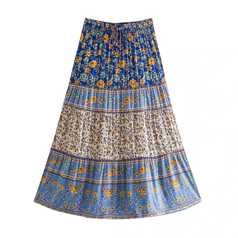 Blue Floral Boho Maxi Skirt – High Waist A-Line Summer Skirt for Women