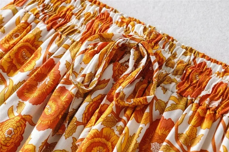 Madozo Women’s Boho Floral Mini Skirt – Orange Tassel Print High Waist Rayon Cotton Skirt