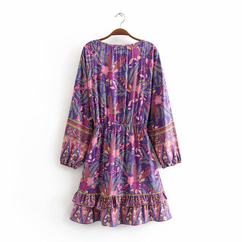 Bohemian Purple Floral Mini Dress – Long Sleeve V-Neck Rayon Sundress