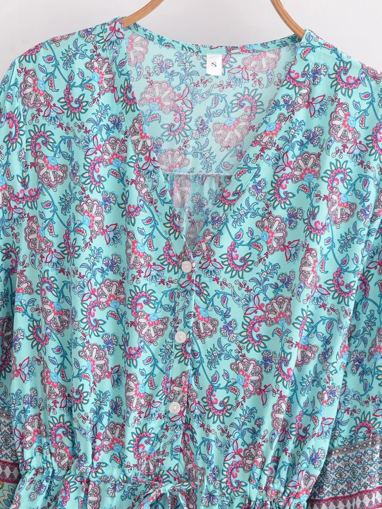 Blue Boho Floral Mini Dress – V-Neck Flare Sleeve Summer Dress for Women