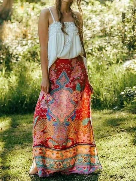 Madozo Women’s Floral Peacock Print Boho Maxi Skirt – Tassel A-Line Beach Skirt
