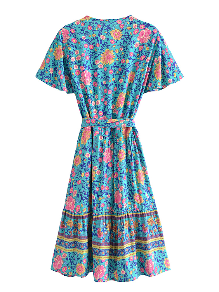 Green Wild Floral Boho Wrap Mini Dress – Deep V-Neck Short Sleeve Rayon Sundress