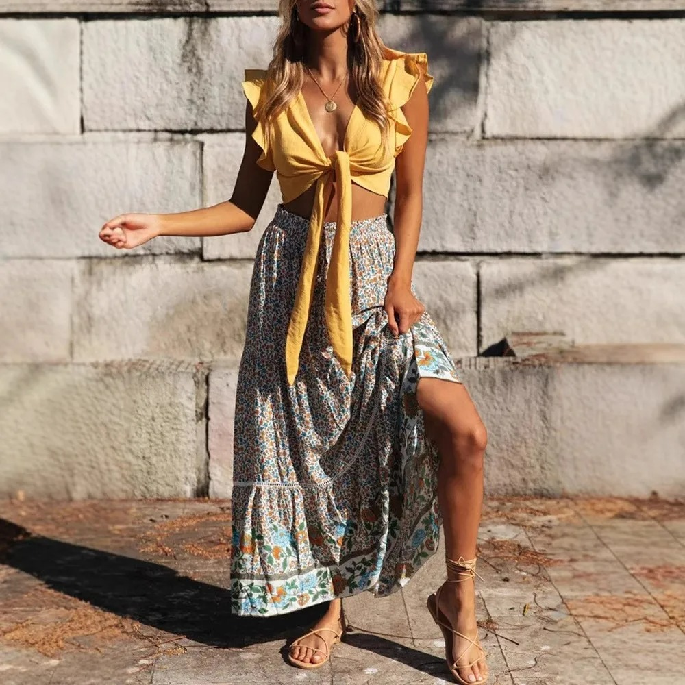 Beige Boho Floral Maxi Skirt for Women – High Elastic Waist & Lace-Up Detail | Summer Beach Skirt – Madozo