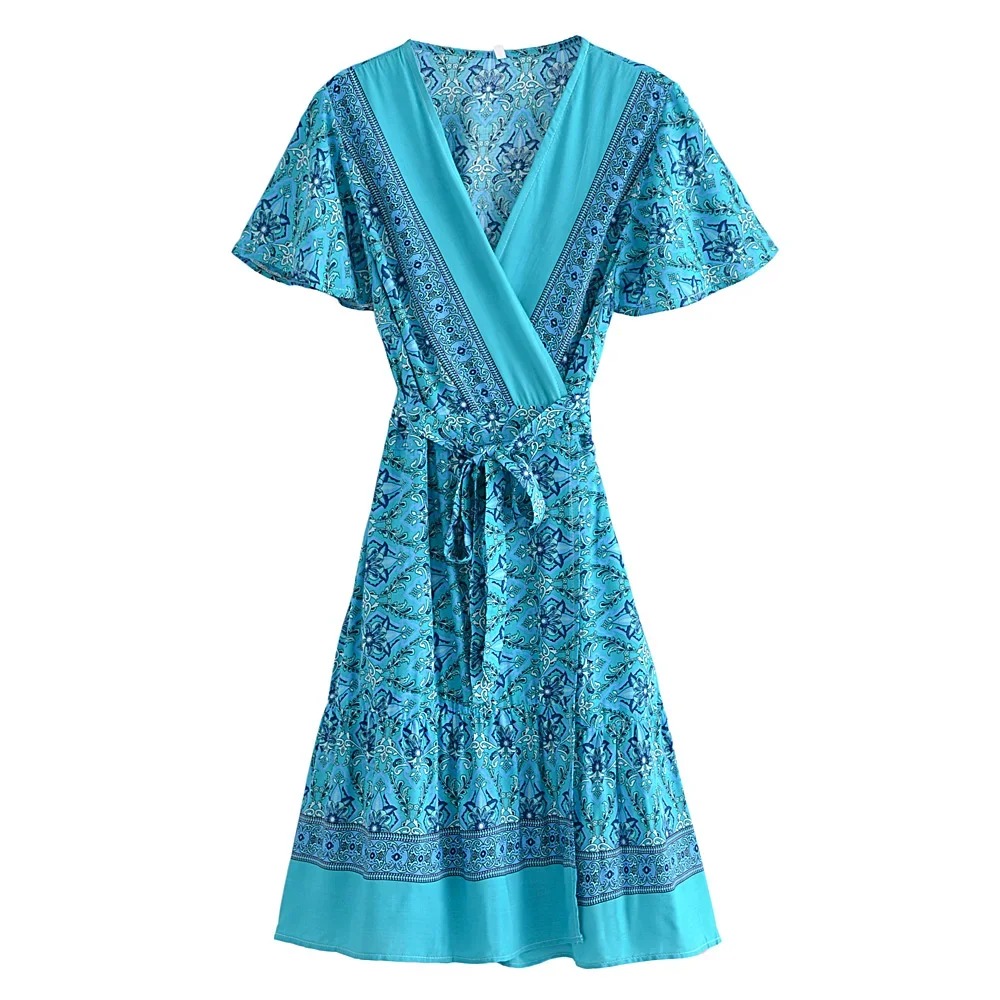 Boho Hippie Floral Wrap Mini Dress – V-Neck Sashes Summer Short Sleeve Dress