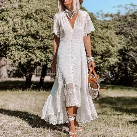 Bohemian Floral Lace Maxi Dress – Slim Fit Summer V-Neck Beach Sundress