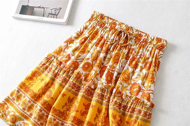 Madozo Women’s Boho Floral Mini Skirt – Orange Tassel Print High Waist Rayon Cotton Skirt