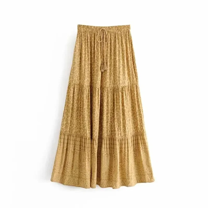 Madozo Women’s Leopard Floral Boho Maxi Skirt – High Waist Pleated Tassel Skirt