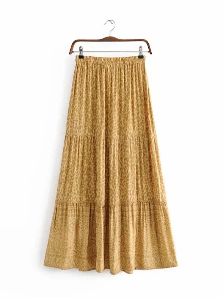 Madozo Women’s Leopard Floral Boho Maxi Skirt – High Waist Pleated Tassel Skirt