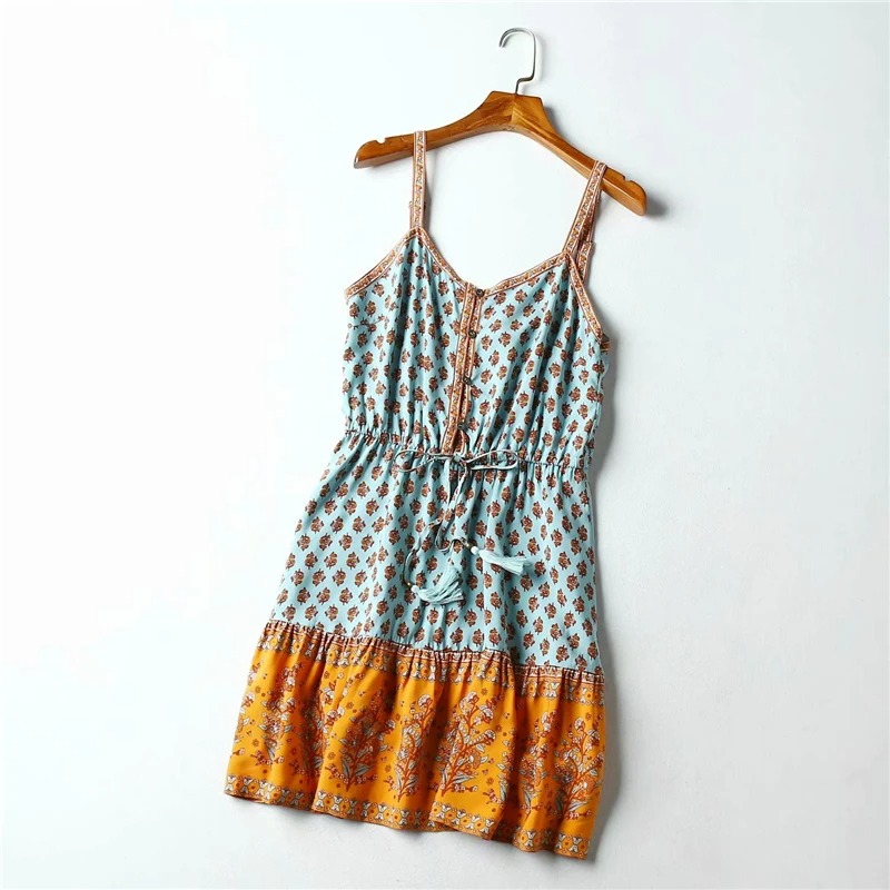 Floral Boho Sleeveless Mini Dress – Strapless Rayon Beach Sundress for Women
