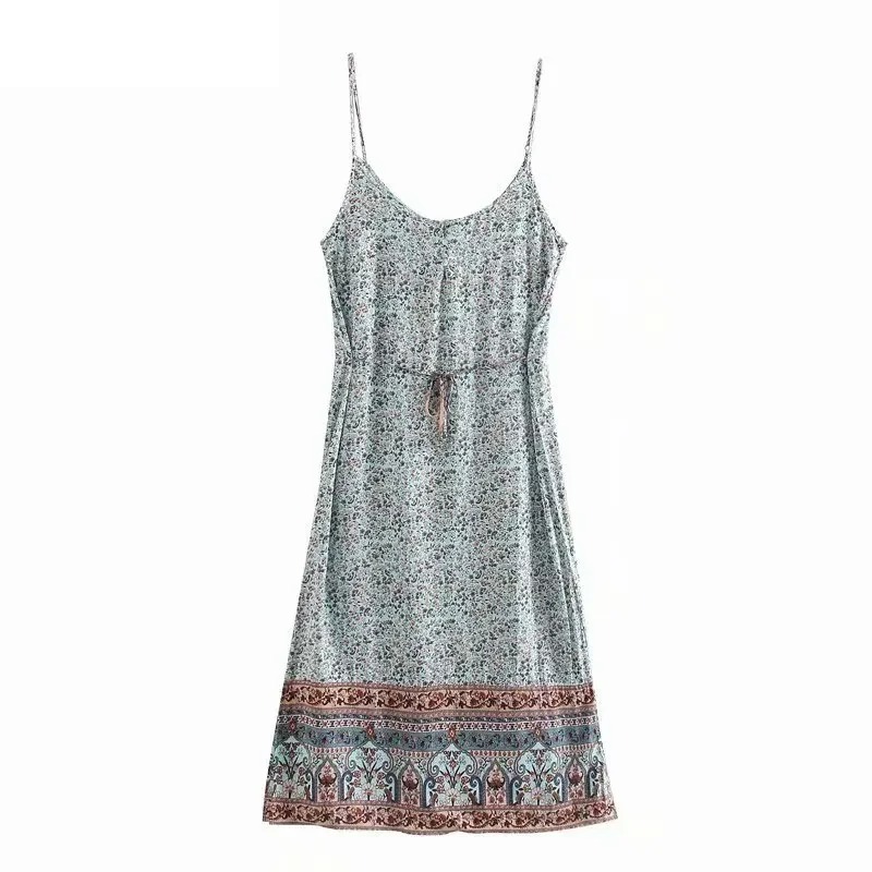 Floral Boho Spaghetti Strap Midi Dress – Sleeveless Rayon Summer Beach Dress for Women