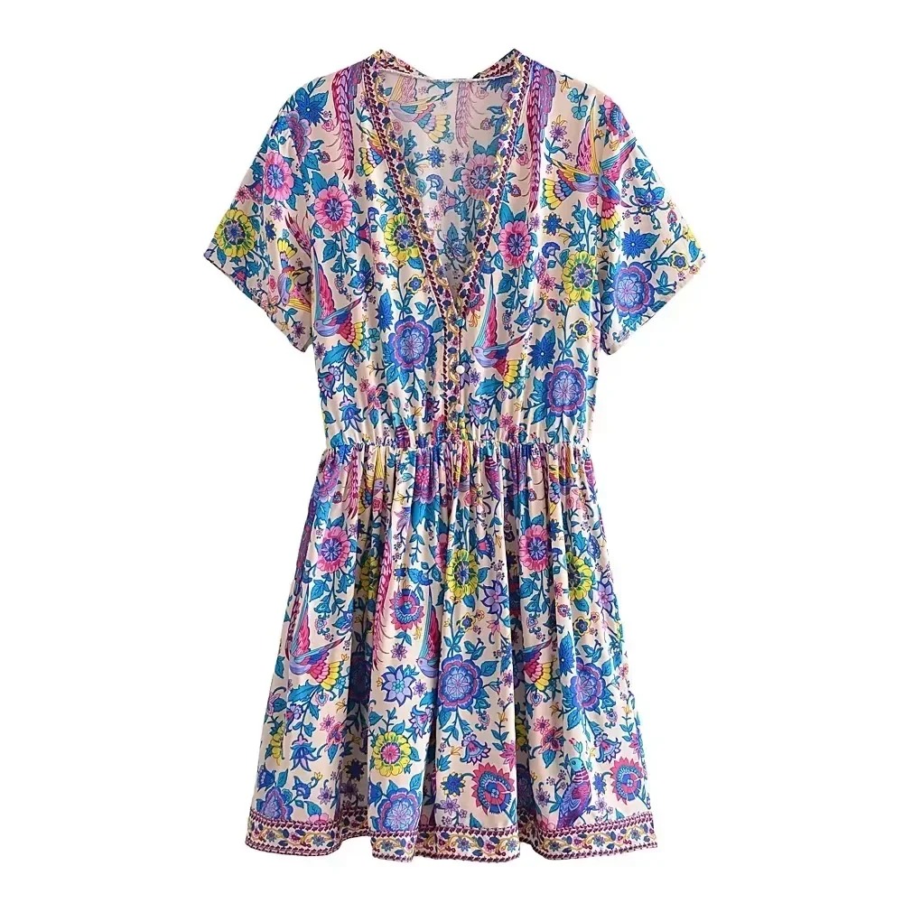 Bohemian Red Peacock Floral Mini Dress – V-Neck Tassel Summer Dress