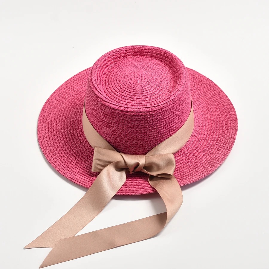 Elegant Straw Sun Hat for Women – Flat Top Design with Bow | Summer Travel Beach Hat – Madozo