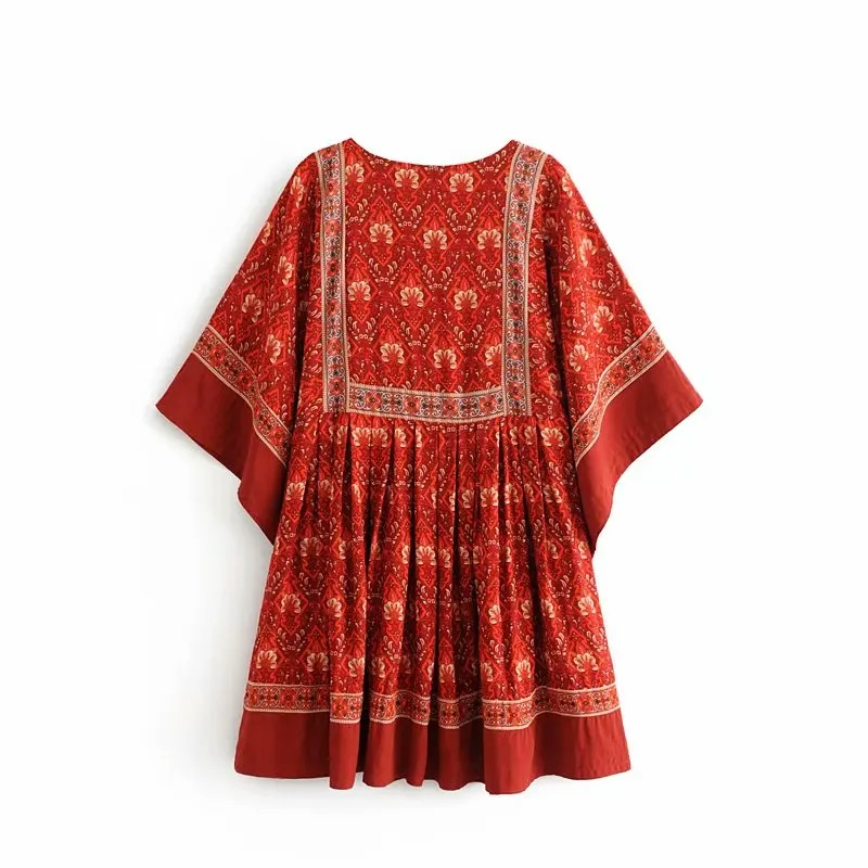 Women’s Bohemian Floral Mini Dress – Summer Beach Loose Fit O-Neck Dress with Sash | Batwing Sleeve Boho Vacation Dress