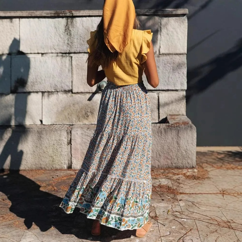 Beige Boho Floral Maxi Skirt for Women – High Elastic Waist & Lace-Up Detail | Summer Beach Skirt – Madozo