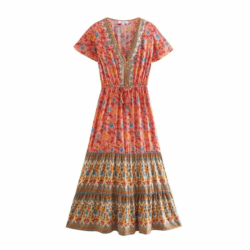 Madozo Women’s Floral Bohemian Maxi Dress – V Neck Pleated Rayon Beach Dress with Tassels