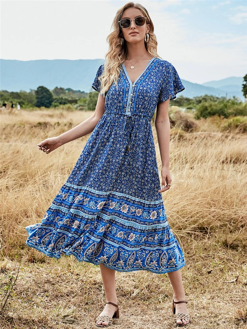 Bohemian Floral Maxi Dress – Deep V-Neck Beach Dress with Tassels | Summer Pleated Boho Vestido