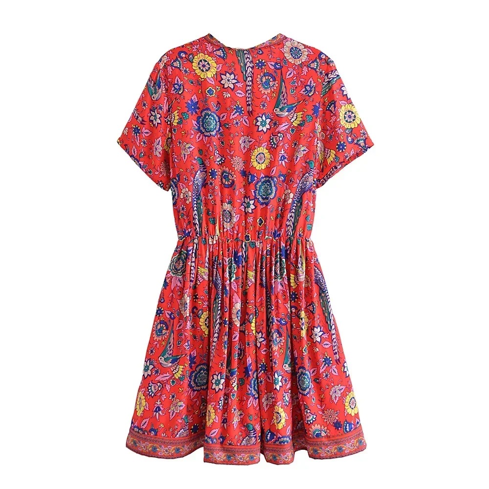 Bohemian Red Peacock Floral Mini Dress – V-Neck Tassel Summer Dress