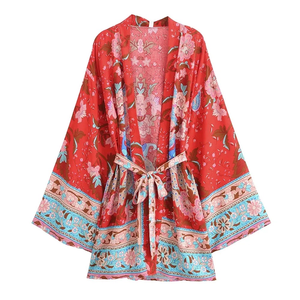 Boho Floral Kimono Cover-Up Dress – V-Neck Bat Sleeve Beach Robe