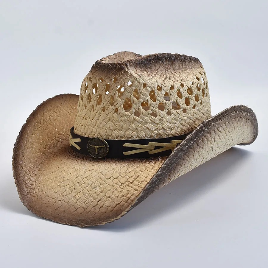 Madozo Natural Straw Cowboy Hat – Shapeable Curling Brim Western Sun Hat for Men & Women