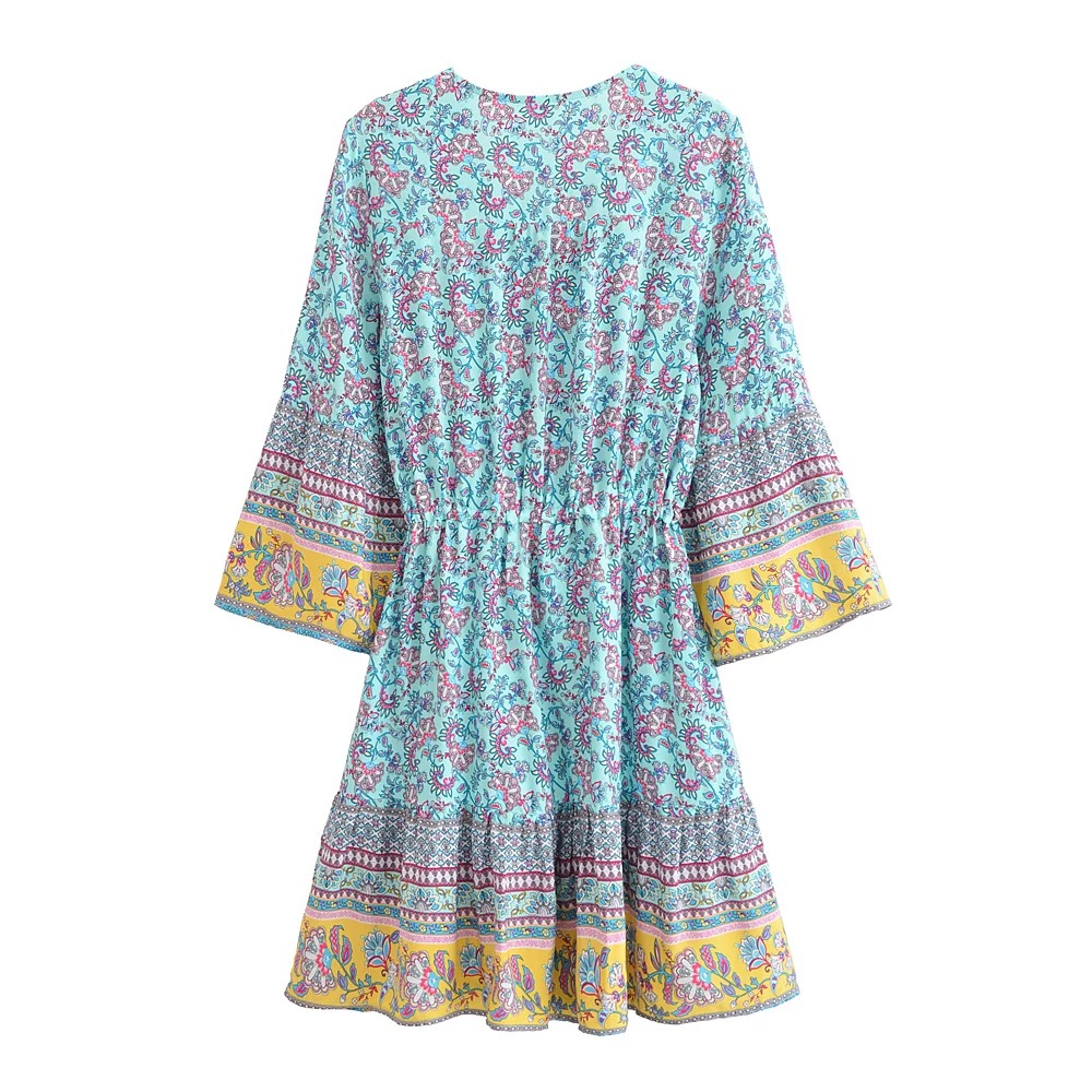 Blue Boho Floral Mini Dress – V-Neck Flare Sleeve Summer Dress for Women