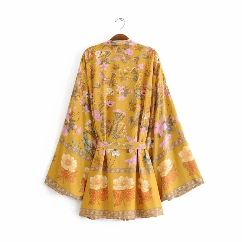 Boho Floral Kimono Cover-Up Dress – V-Neck Bat Sleeve Beach Robe