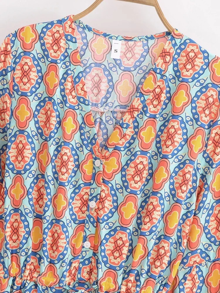 Bohemian Geometry Print Mini Dress – Flare Sleeve Summer Beach Boho Dress for Women