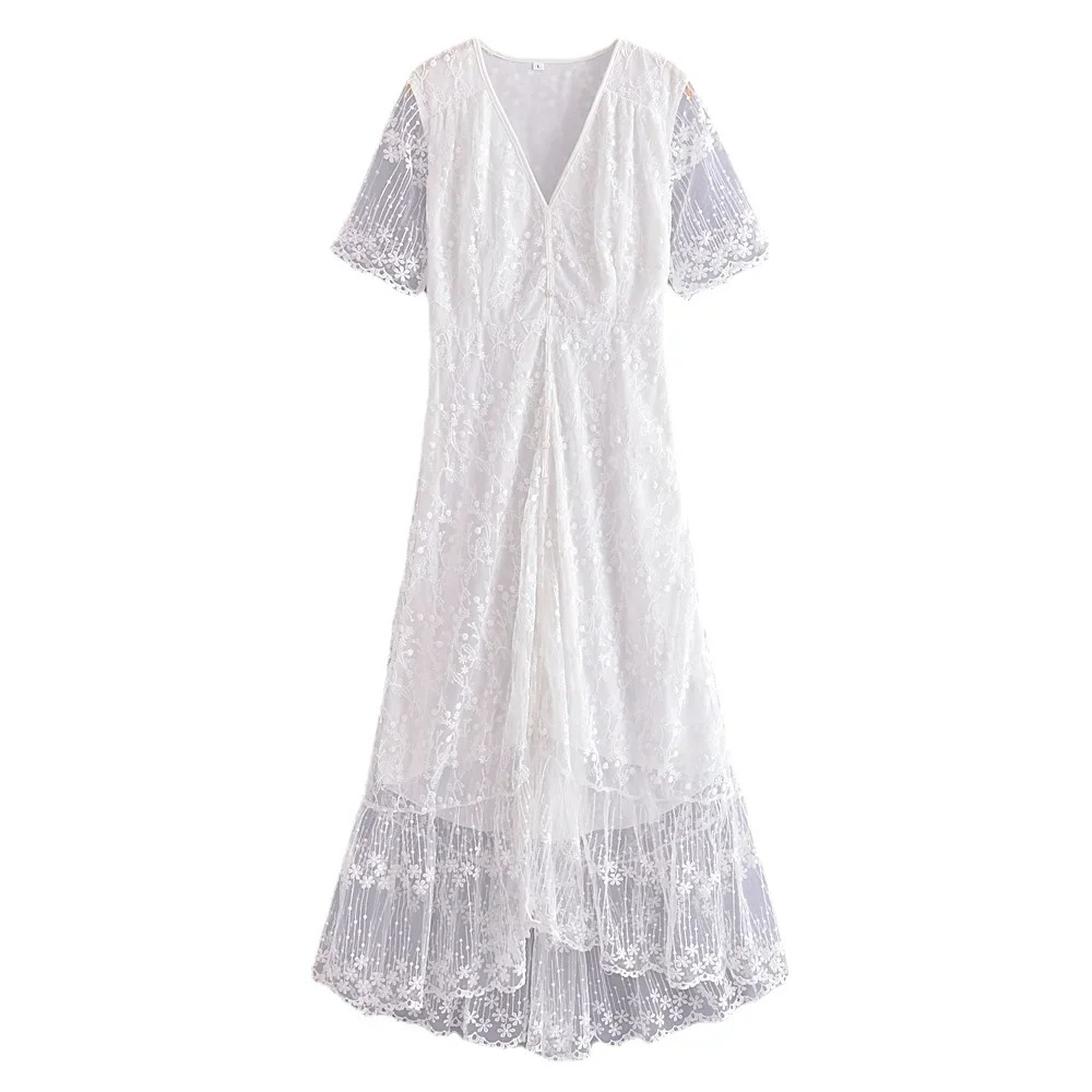Bohemian Floral Lace Maxi Dress – Slim Fit Summer V-Neck Beach Sundress