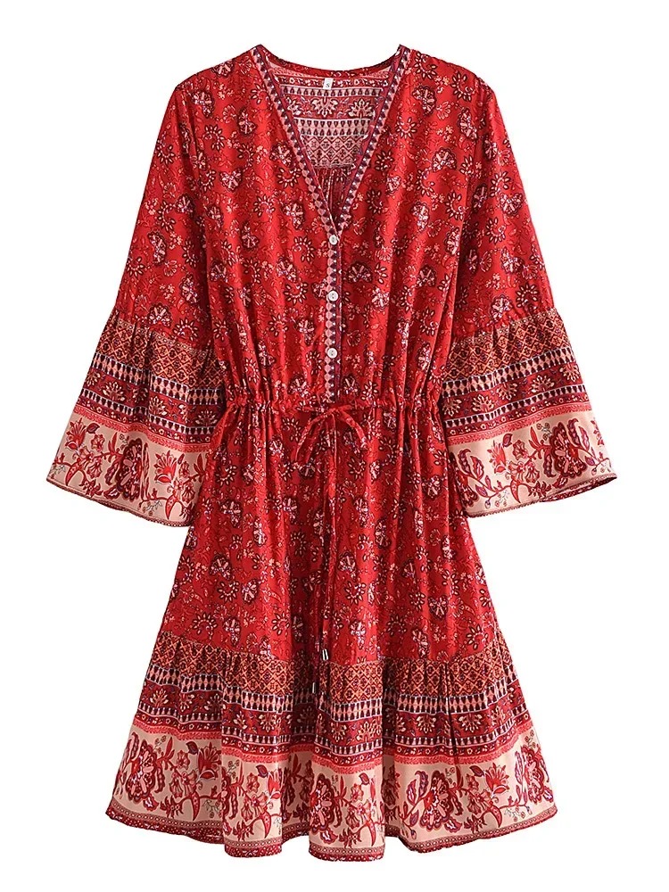 Bohemian Floral Mini Dress – Tassel V-Neck Beach Sundress with Bat Sleeves