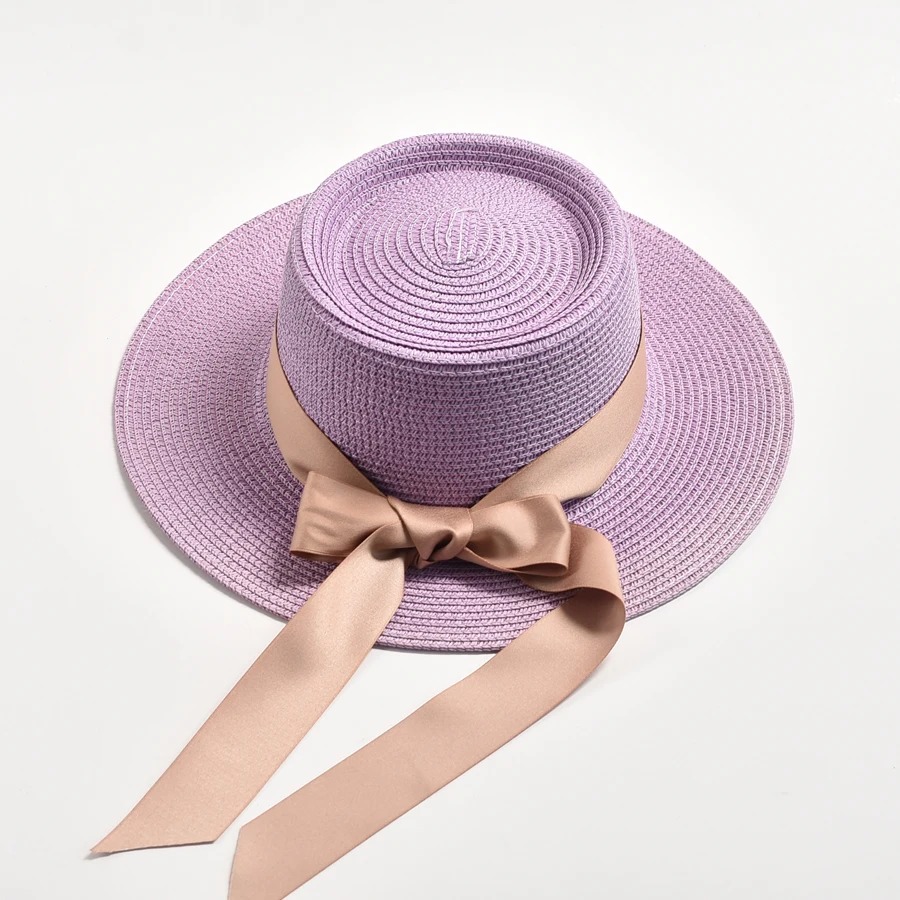 Elegant Straw Sun Hat for Women – Flat Top Design with Bow | Summer Travel Beach Hat – Madozo