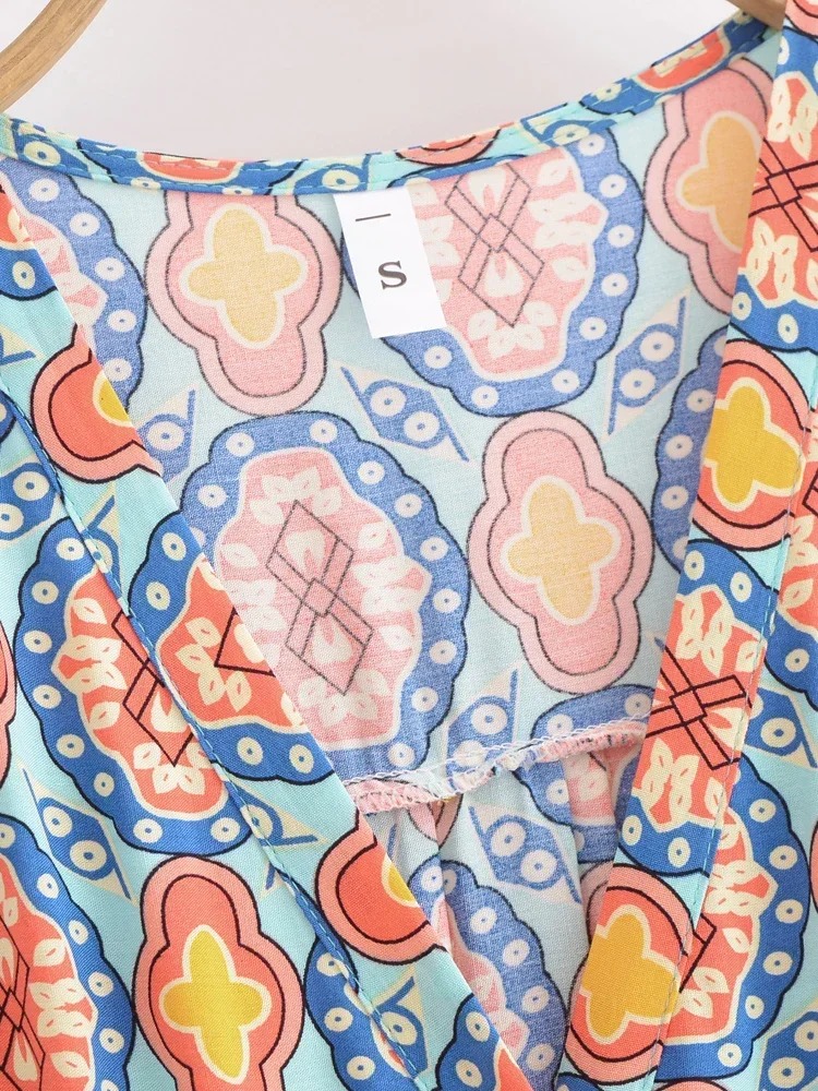 Bohemian Geometry Print Mini Dress – Flare Sleeve Summer Beach Boho Dress for Women