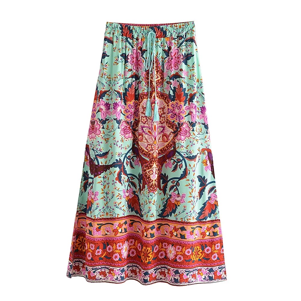Madozo Women’s Floral Peacock Print Boho Maxi Skirt – Tassel A-Line Beach Skirt