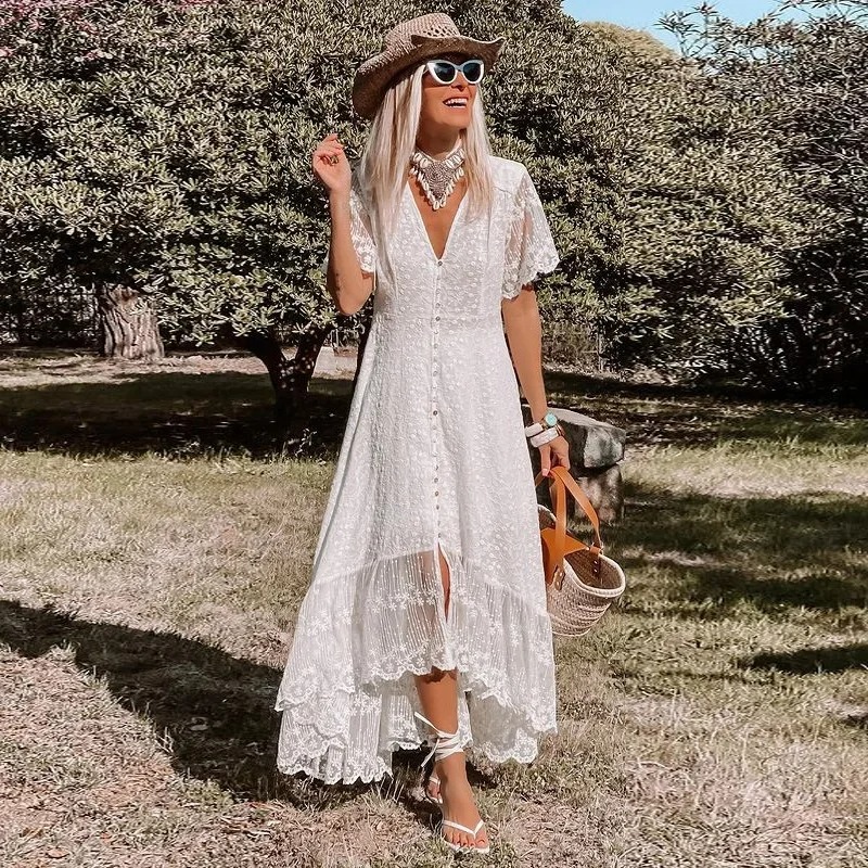 Bohemian Floral Lace Maxi Dress – Slim Fit Summer V-Neck Beach Sundress
